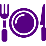 Purple dining icon with fork, plate, knife.
