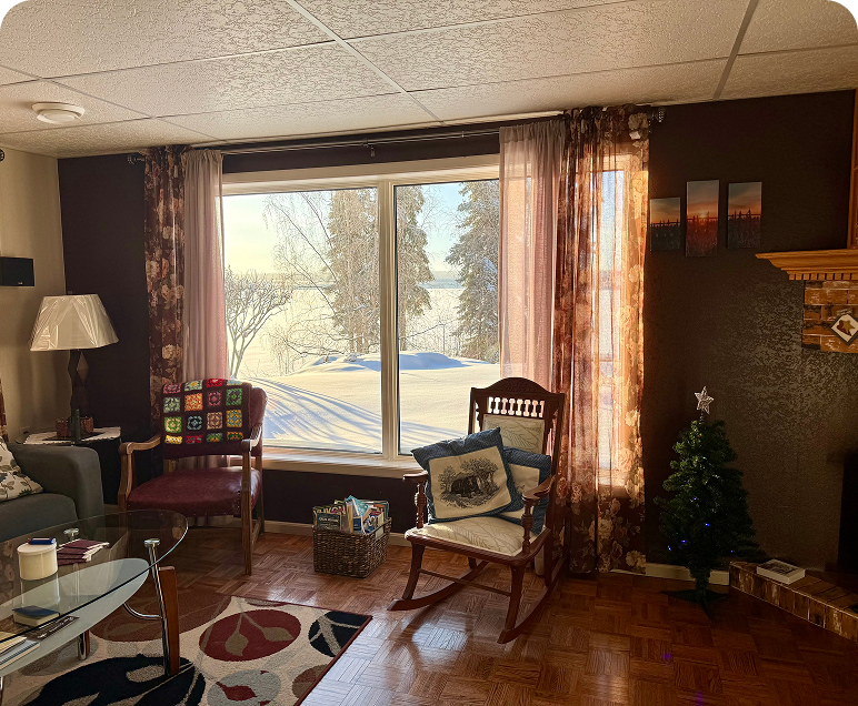 Cozy living room with winter view outside.