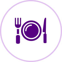 Purple plate and cutlery icon on black.