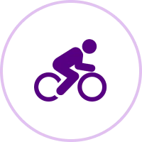 Purple cyclist icon on black circular background.