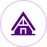 Purple house icon on black circular background.